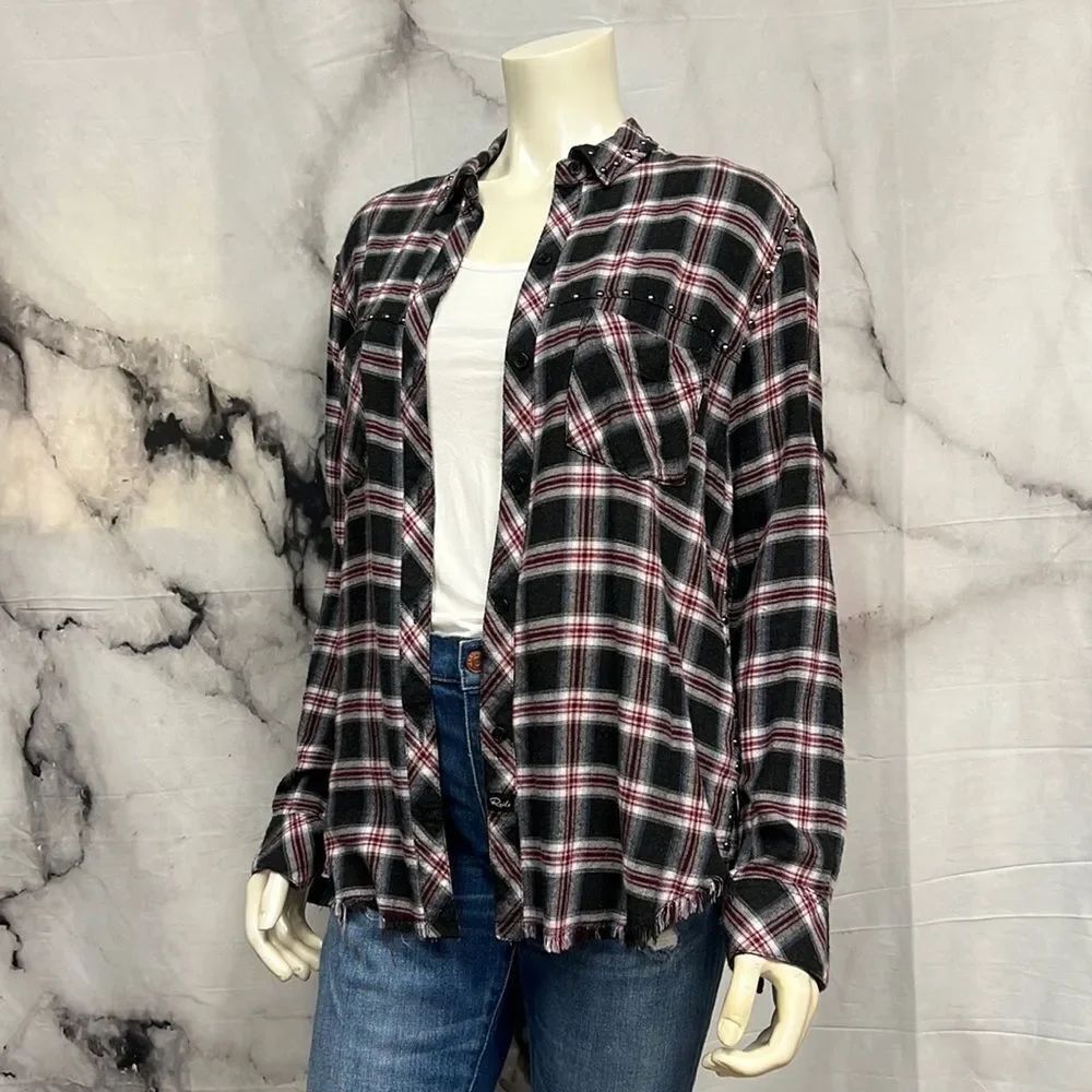 *Rails Charcoal maroon whiteâplaid longsleeve shirt with studded detail